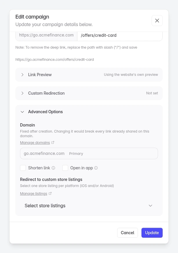 Advanced Options open, with the domain greyed out and the link options below it