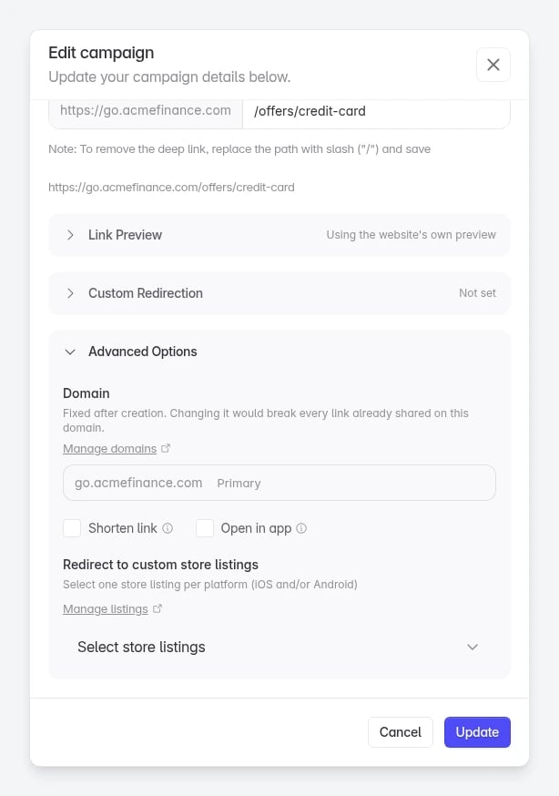 Advanced Options open, with the domain greyed out and the link options below it