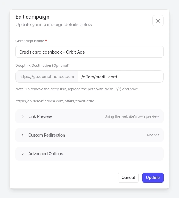 The Edit campaign form for an agency, with the name, deep link and three collapsed sections