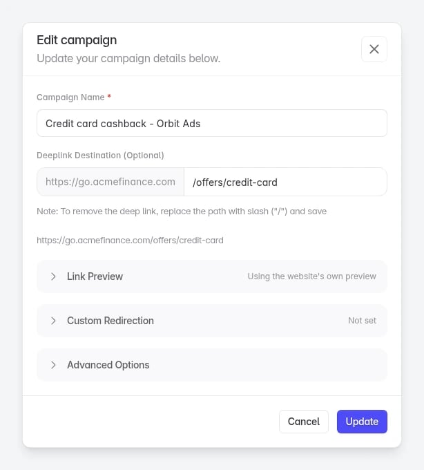 The Edit campaign form for an agency, with the name, deep link and three collapsed sections