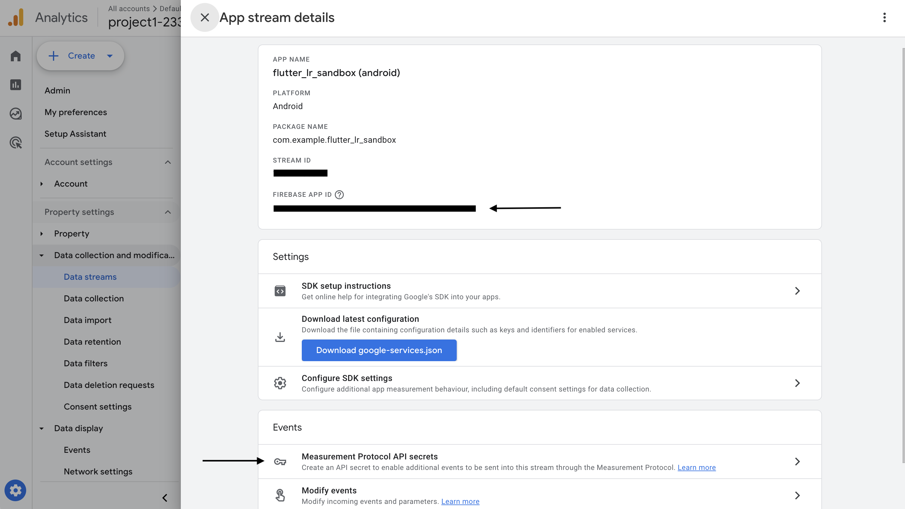 GA4 App stream details