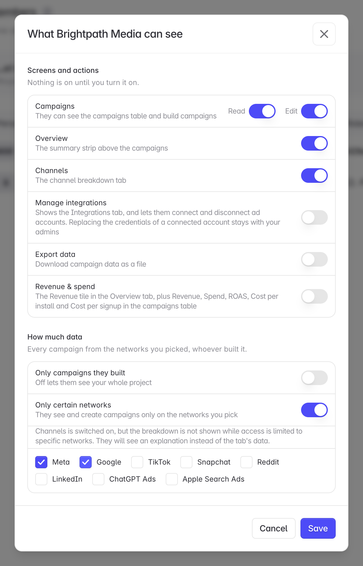 The access panel with a network restriction applied to Meta and Google
