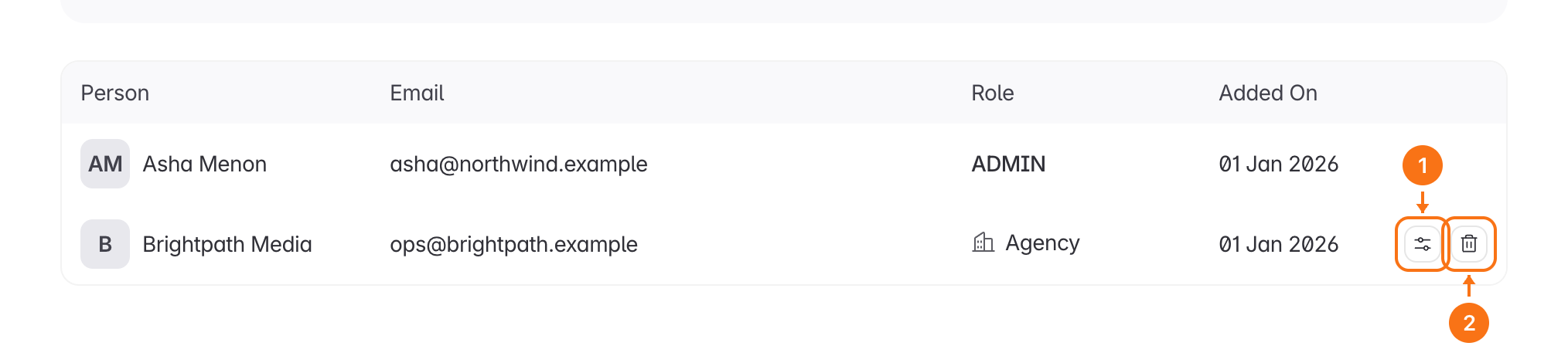 The sliders icon (1) opens the access panel, and the bin (2) next to it ends the engagement