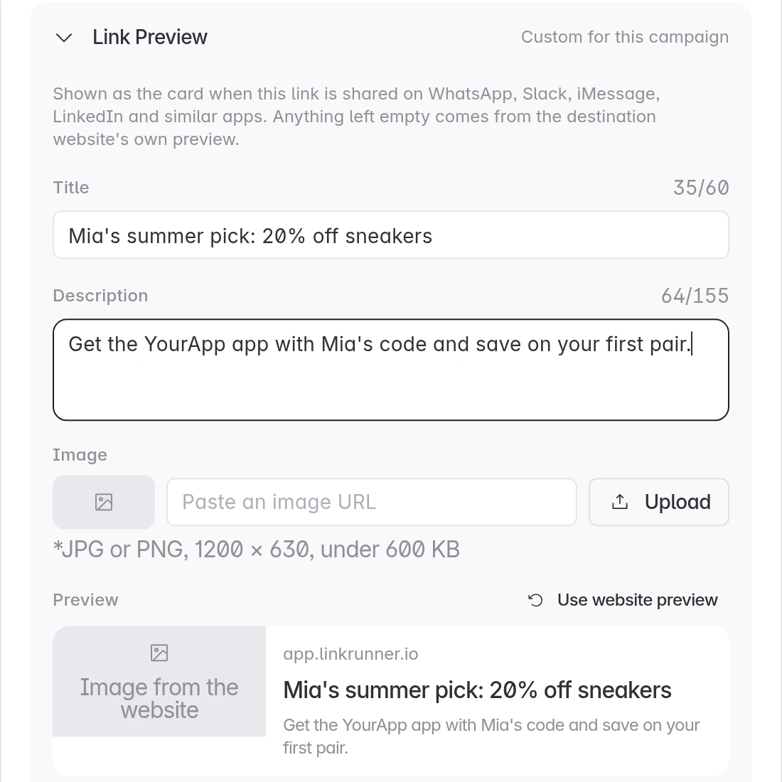 Link Preview with a title, description and the live preview card