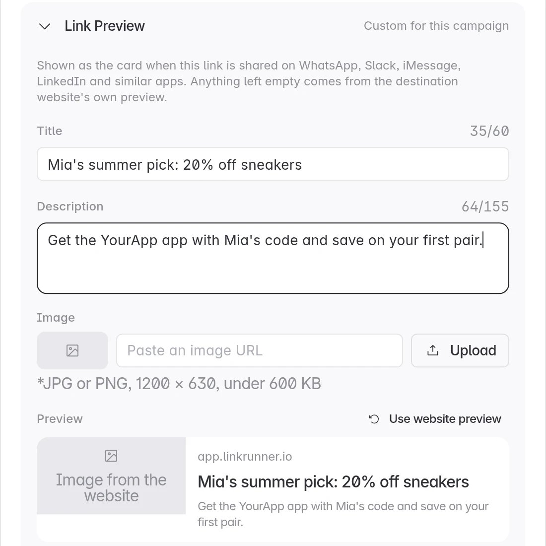 Link Preview with a title, description and the live preview card