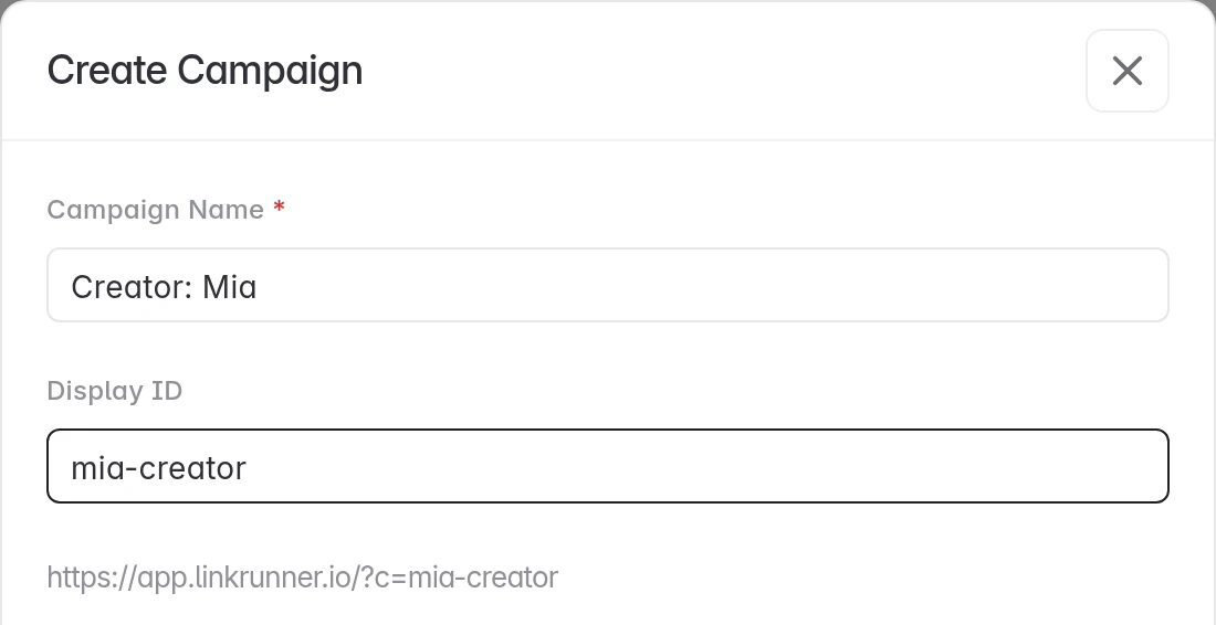 Campaign Name and Display ID filled in, with the full link shown below
