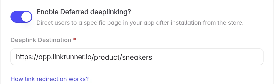 Deferred deep linking turned on with a destination page