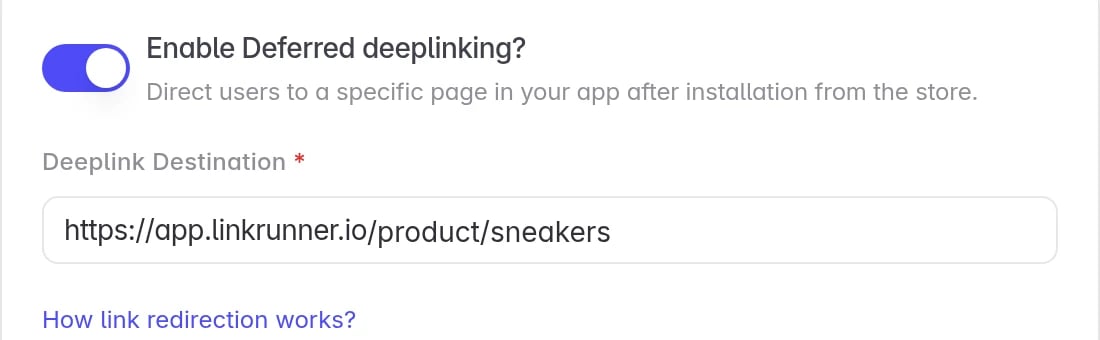 Deferred deep linking turned on with a destination page