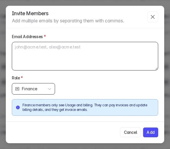 The Invite Members dialog with the Finance role selected