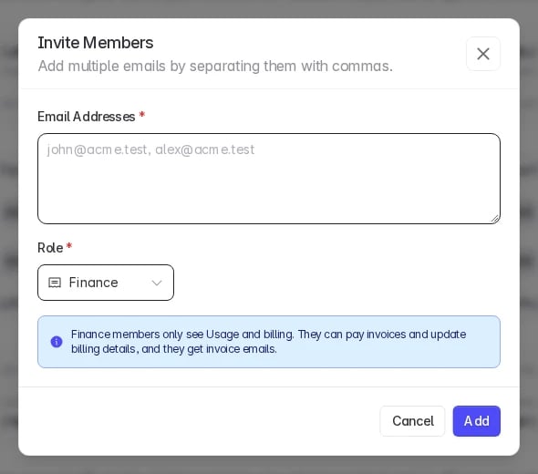 The Invite Members dialog with the Finance role selected