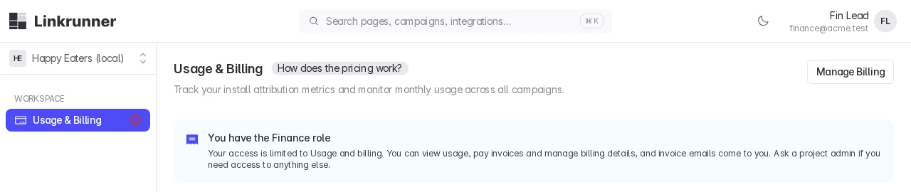 The Usage and Billing page as a finance member sees it: only Usage and Billing in the sidebar, and a notice saying they have the Finance role