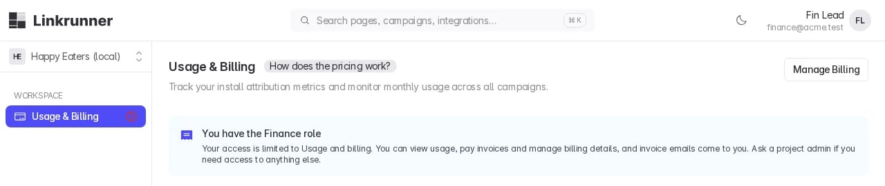 The Usage and Billing page as a finance member sees it: only Usage and Billing in the sidebar, and a notice saying they have the Finance role