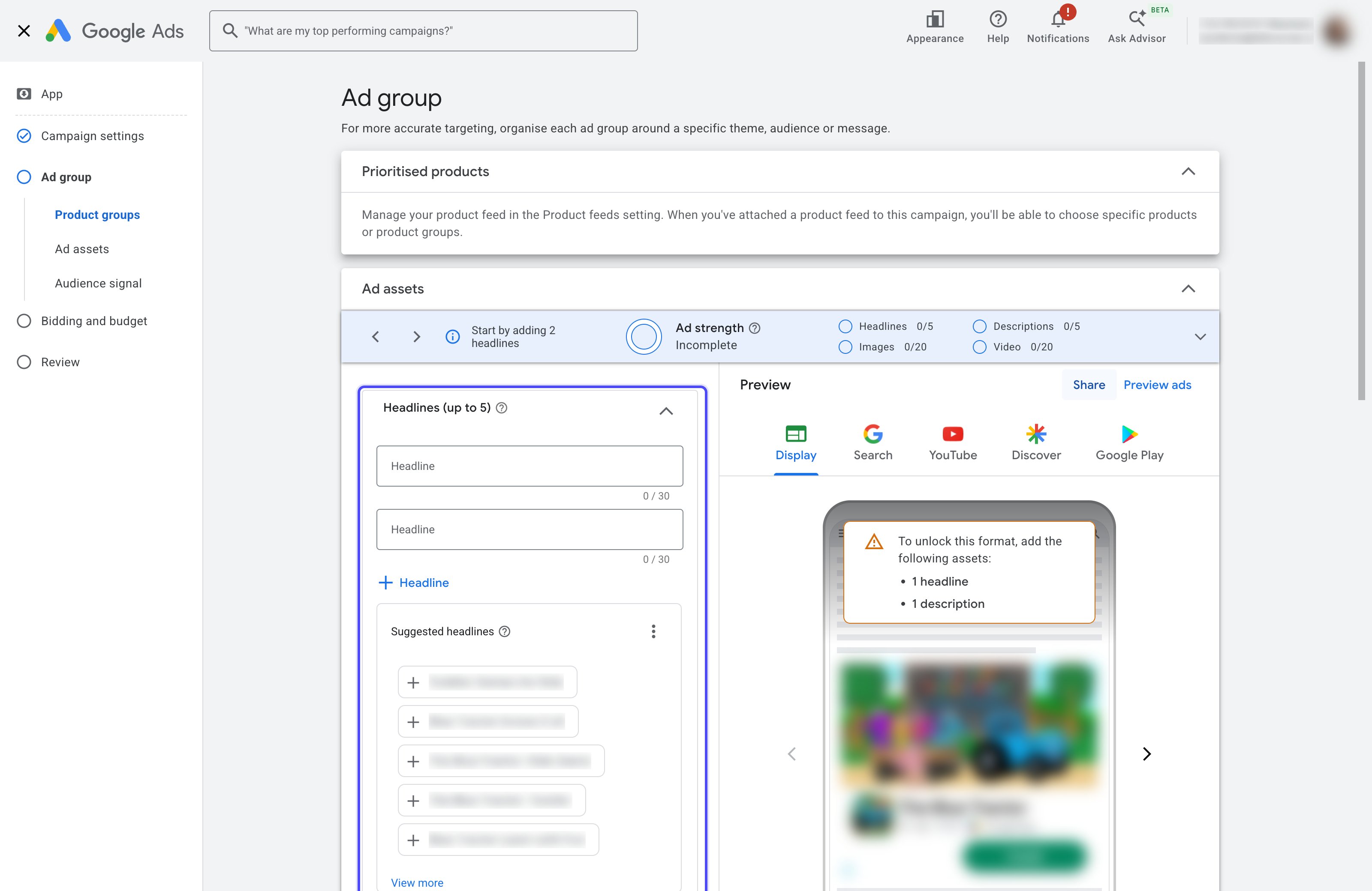 Ad group screen with the Headlines panel highlighted and the ad preview on the right