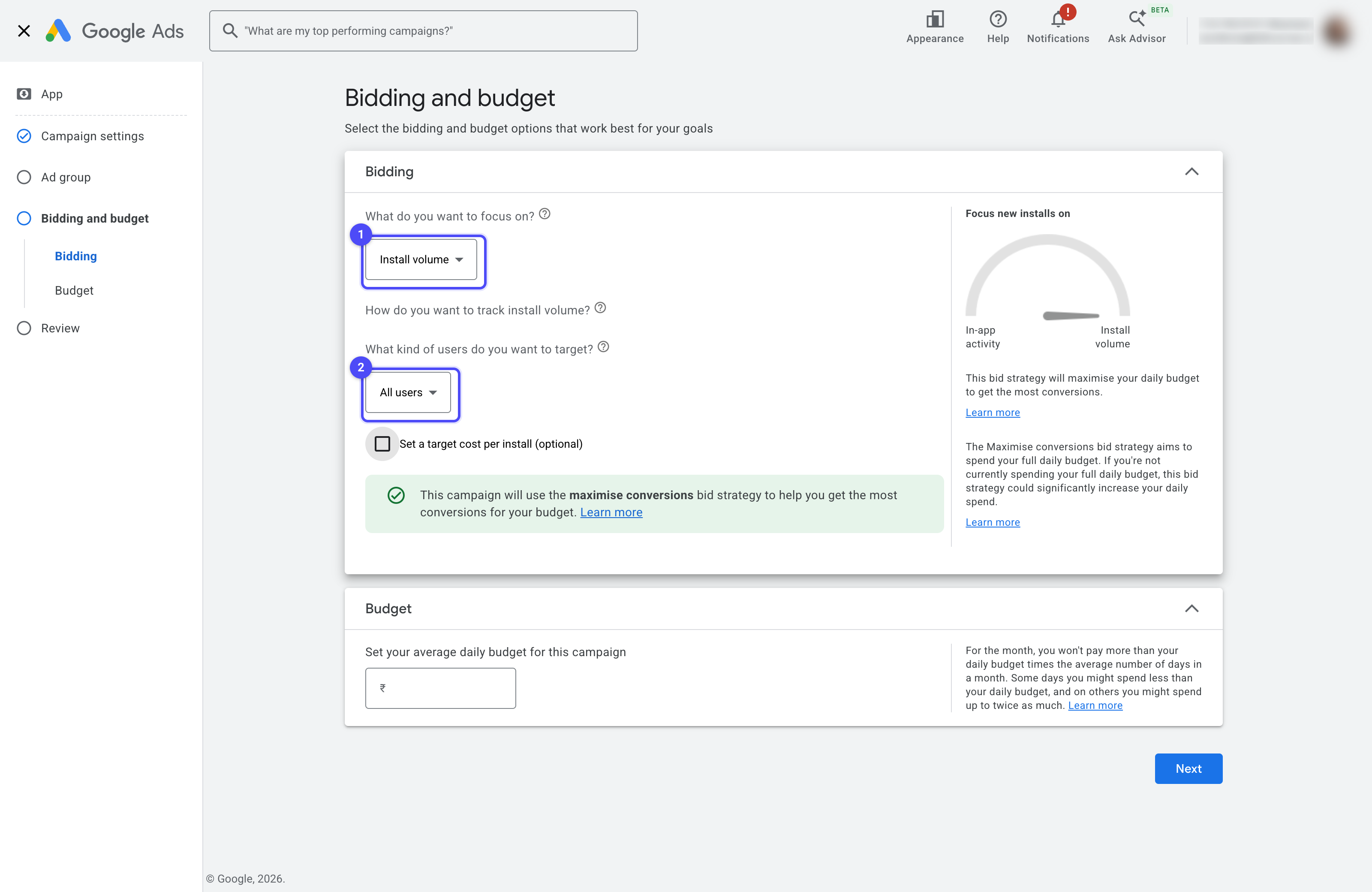 Bidding and budget screen with Install volume and All users highlighted