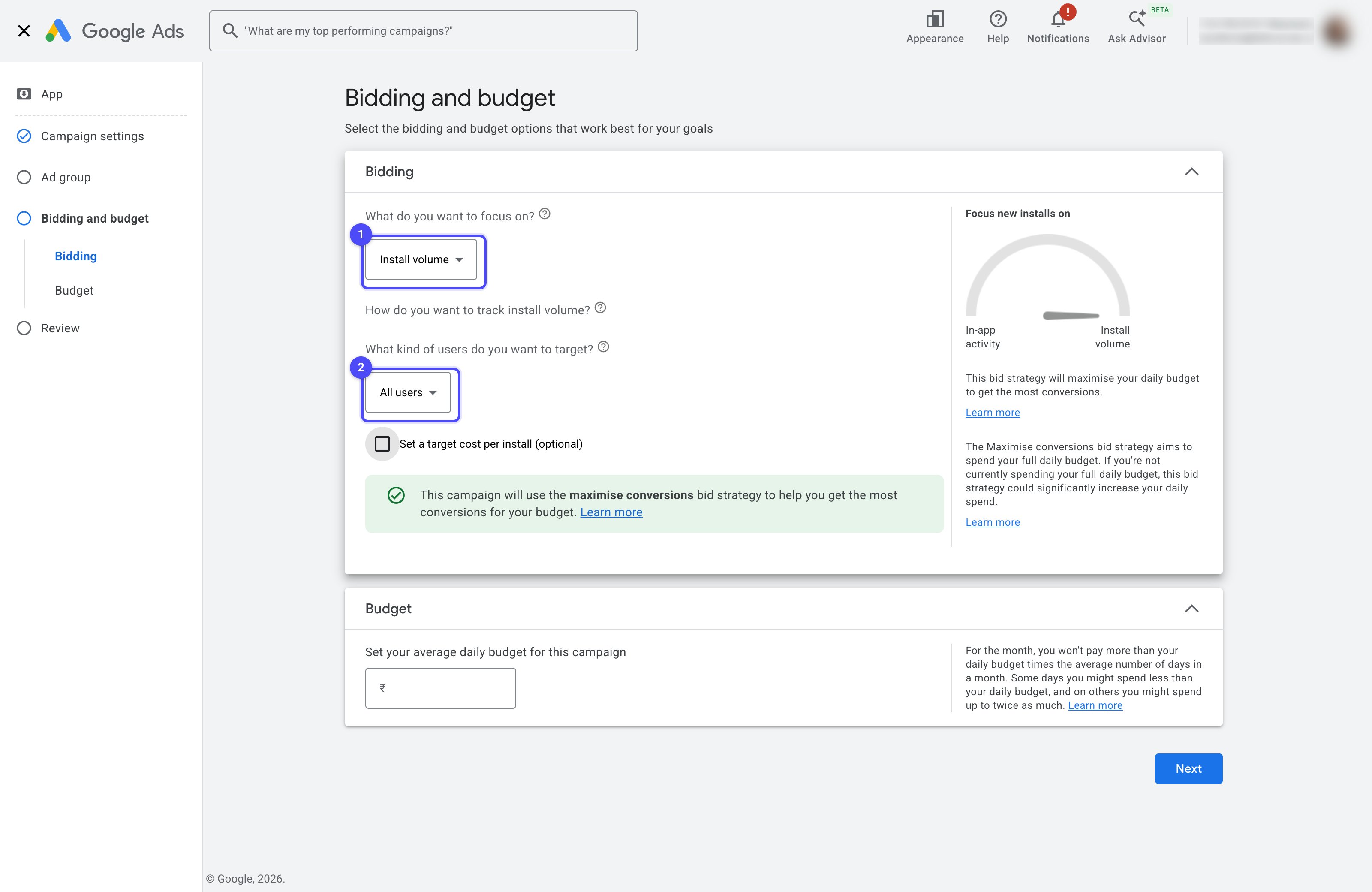Bidding and budget screen with Install volume and All users highlighted