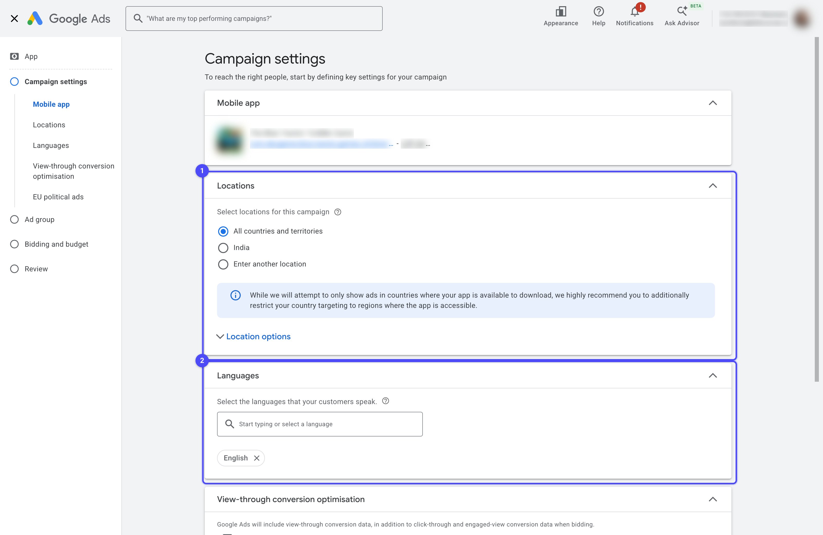 Campaign settings screen with the Locations and Languages sections highlighted