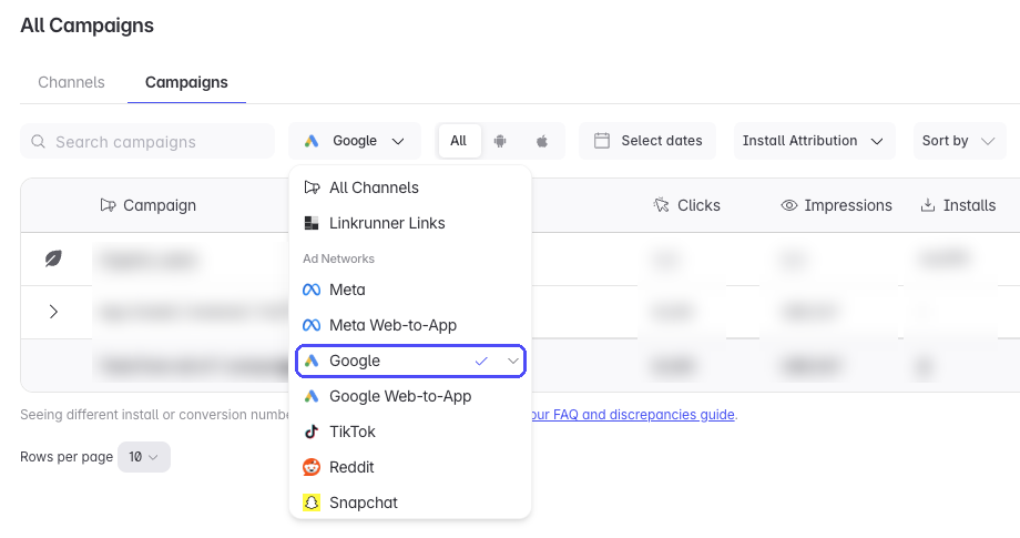 Linkrunner Campaigns section with the channel filter open and Google selected