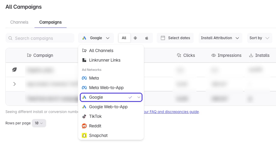 Linkrunner Campaigns section with the channel filter open and Google selected