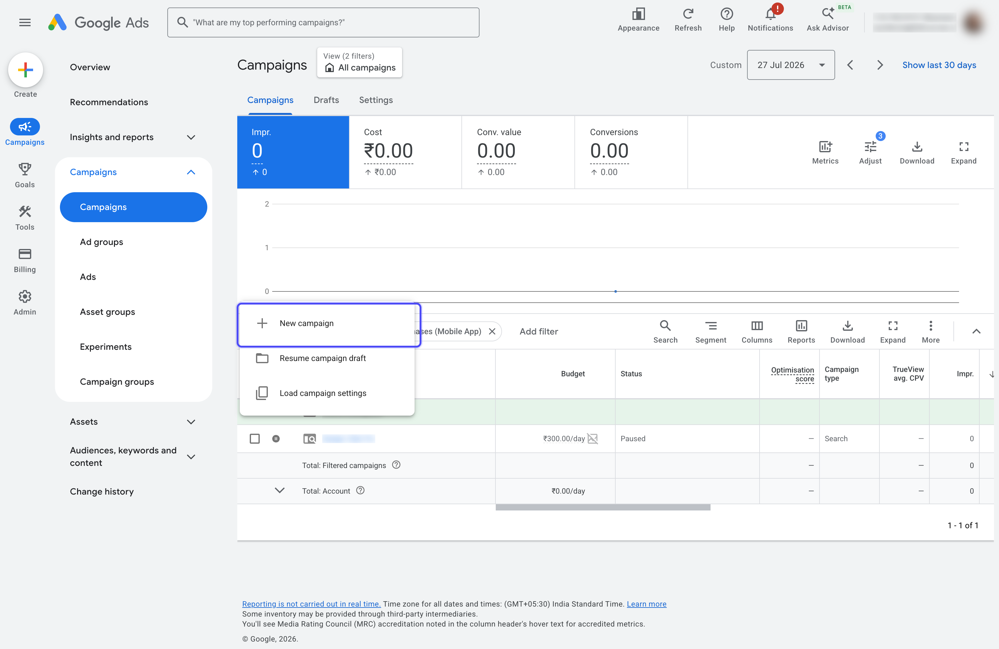 Google Ads Campaigns page with the create button and New campaign menu item highlighted