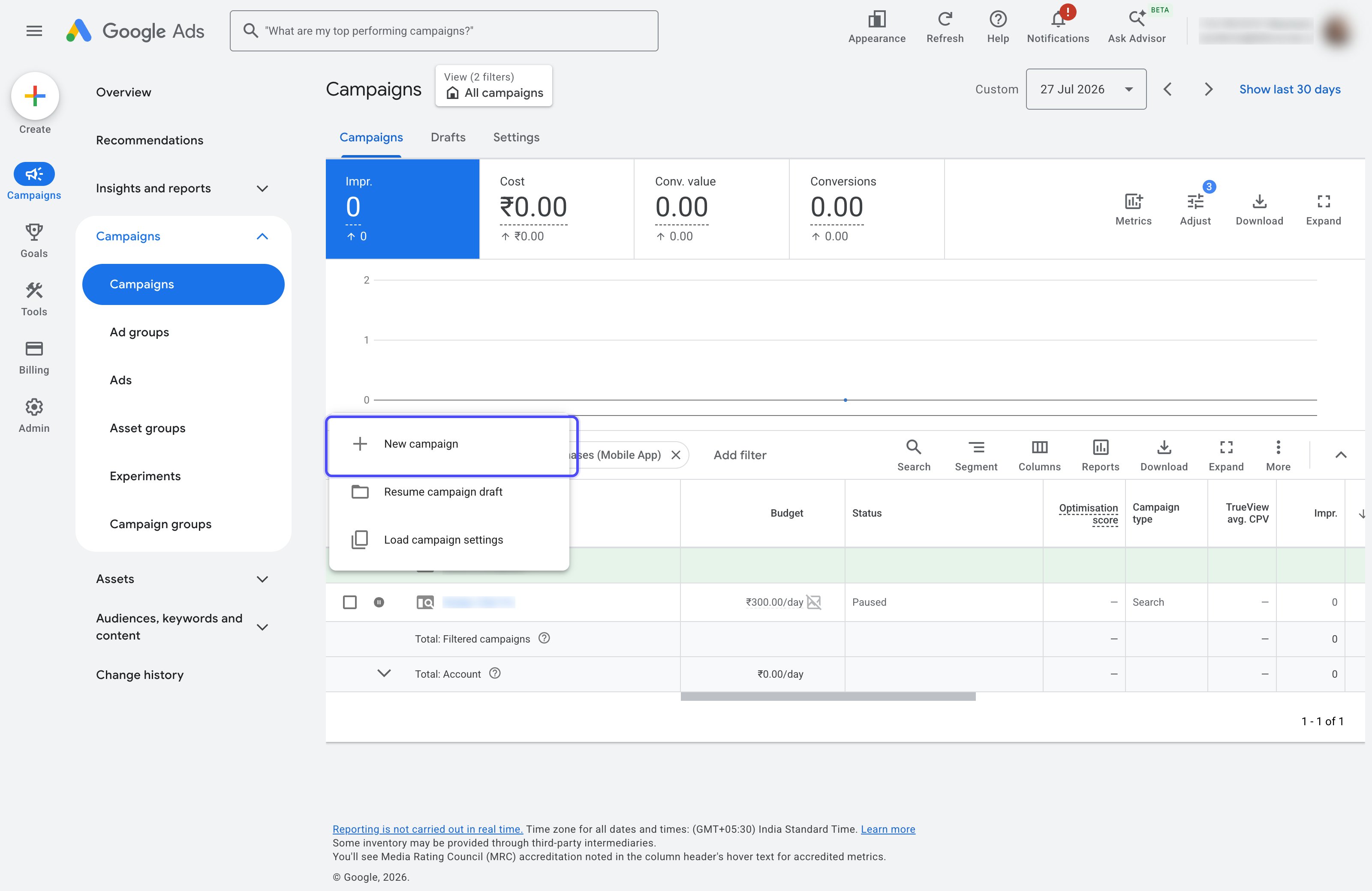 Google Ads Campaigns page with the create button and New campaign menu item highlighted