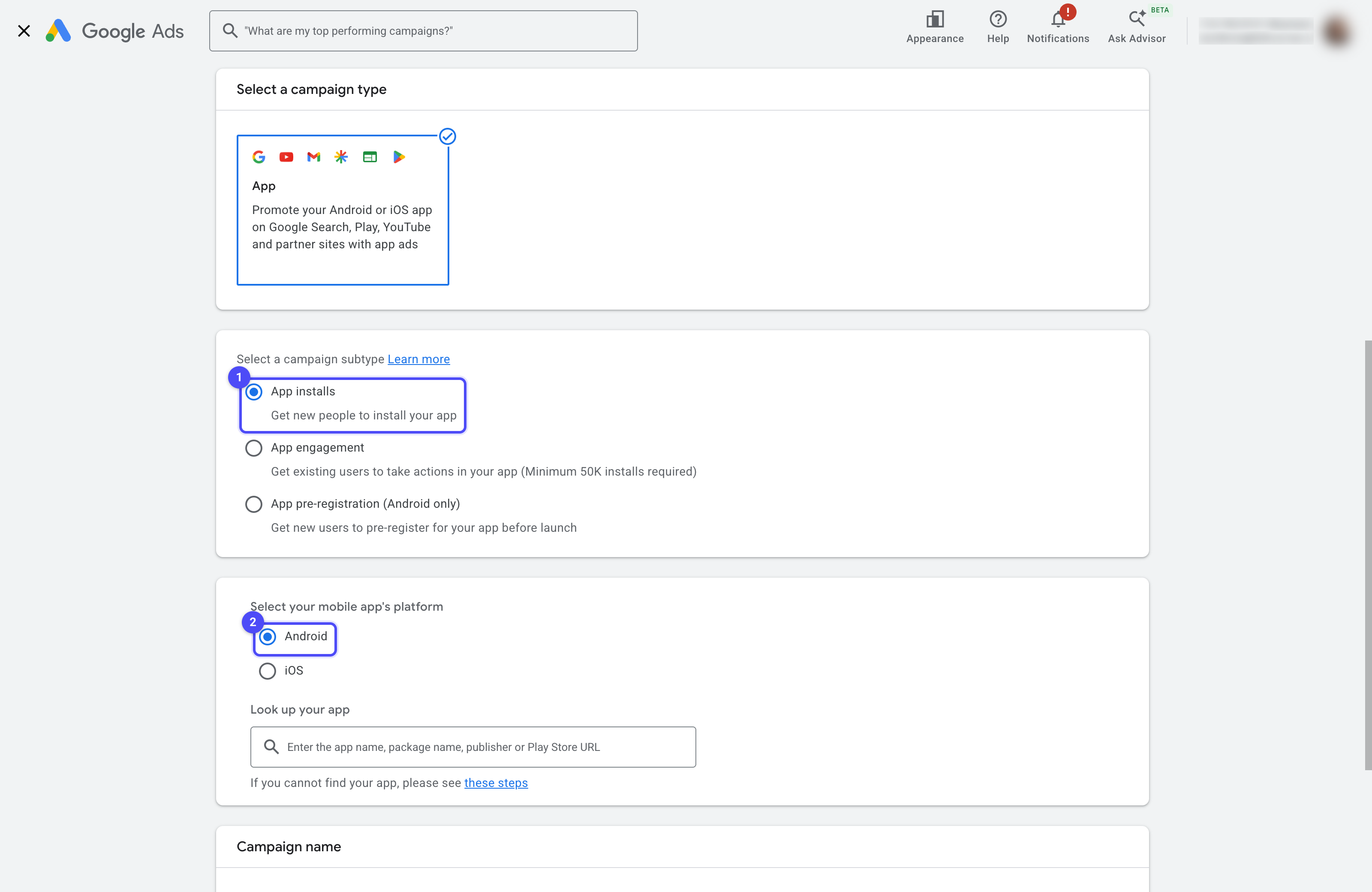Campaign subtype screen with App installs and the Android platform highlighted