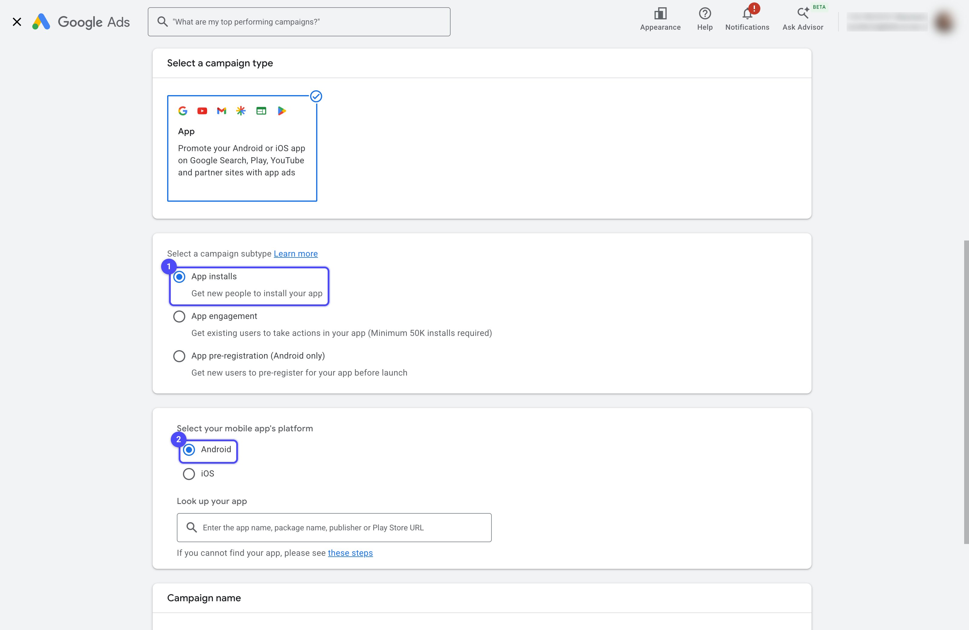 Campaign subtype screen with App installs and the Android platform highlighted