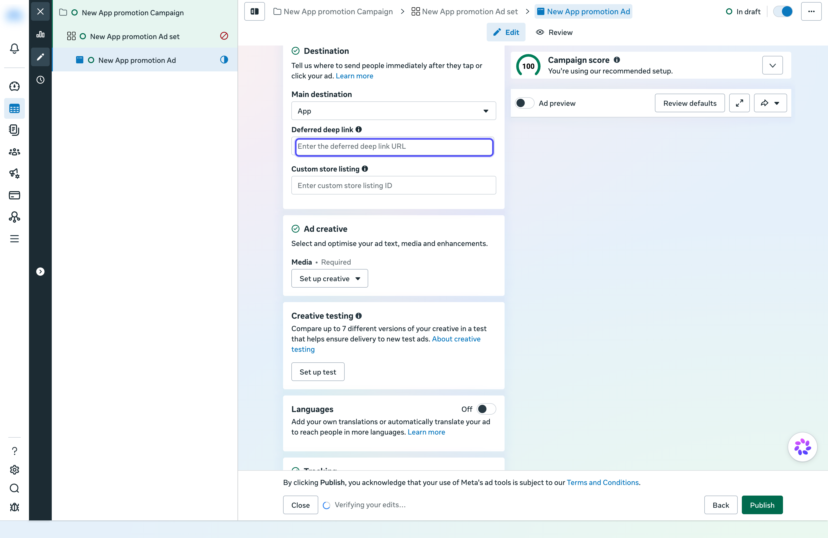 Ad editor Destination section with the Deferred deep link field highlighted