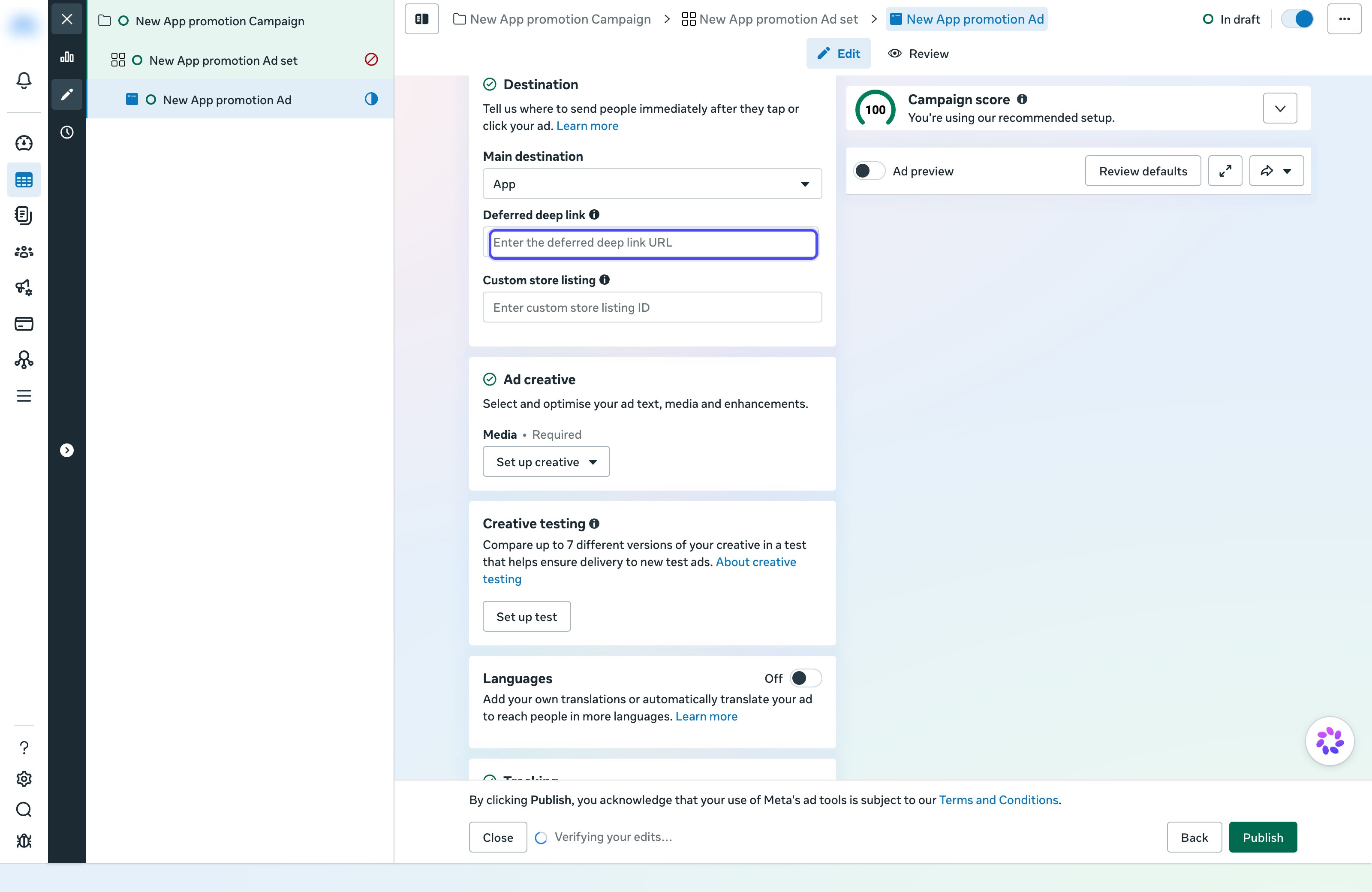 Ad editor Destination section with the Deferred deep link field highlighted
