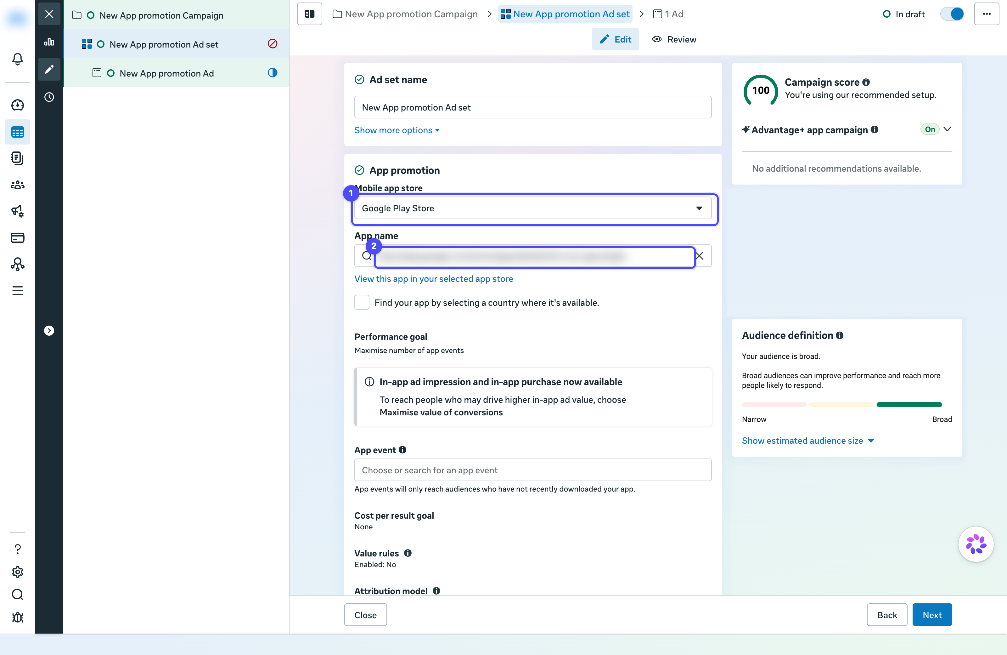 Ad set editor with the Mobile app store dropdown and App name field highlighted