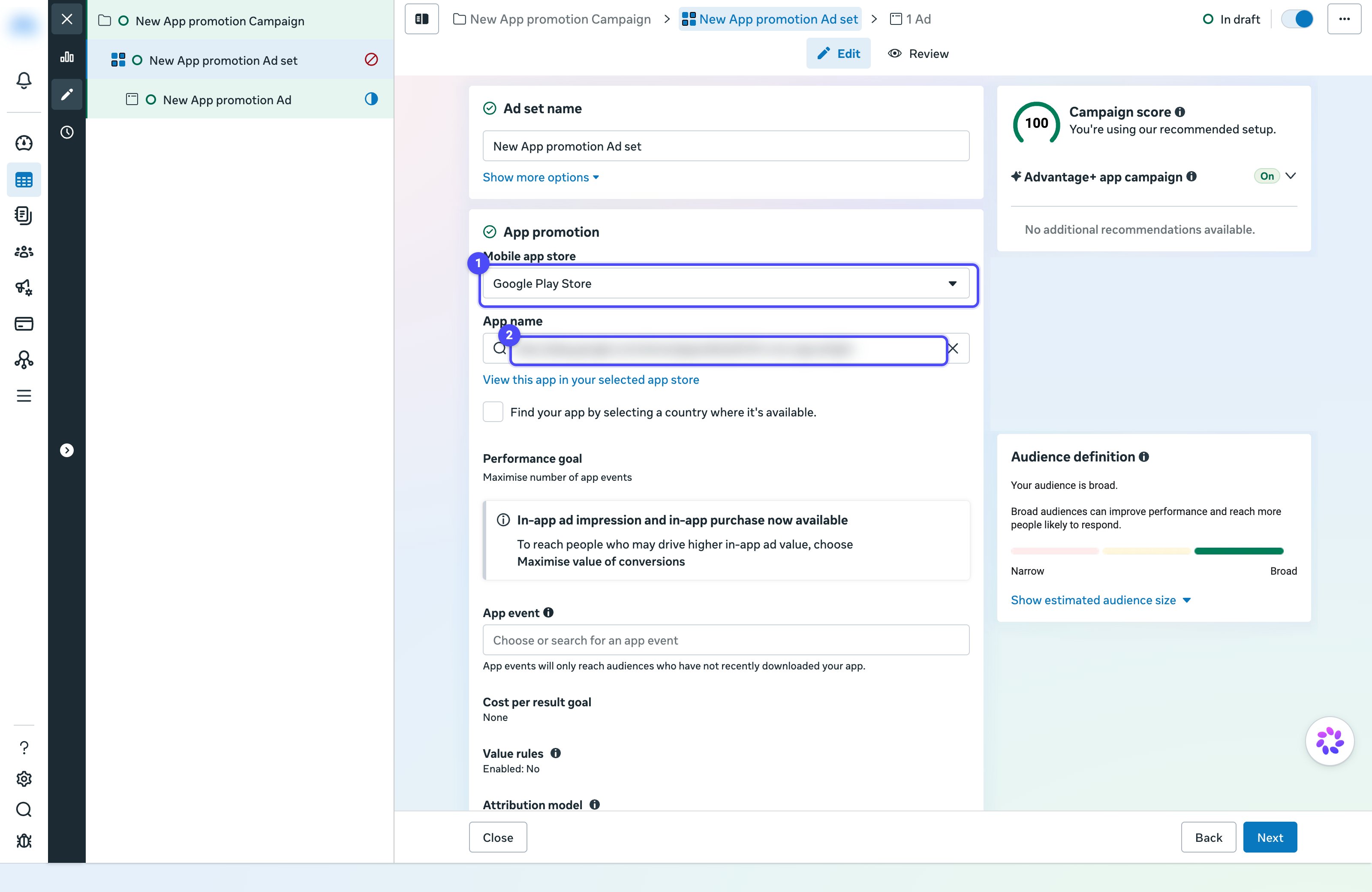 Ad set editor with the Mobile app store dropdown and App name field highlighted