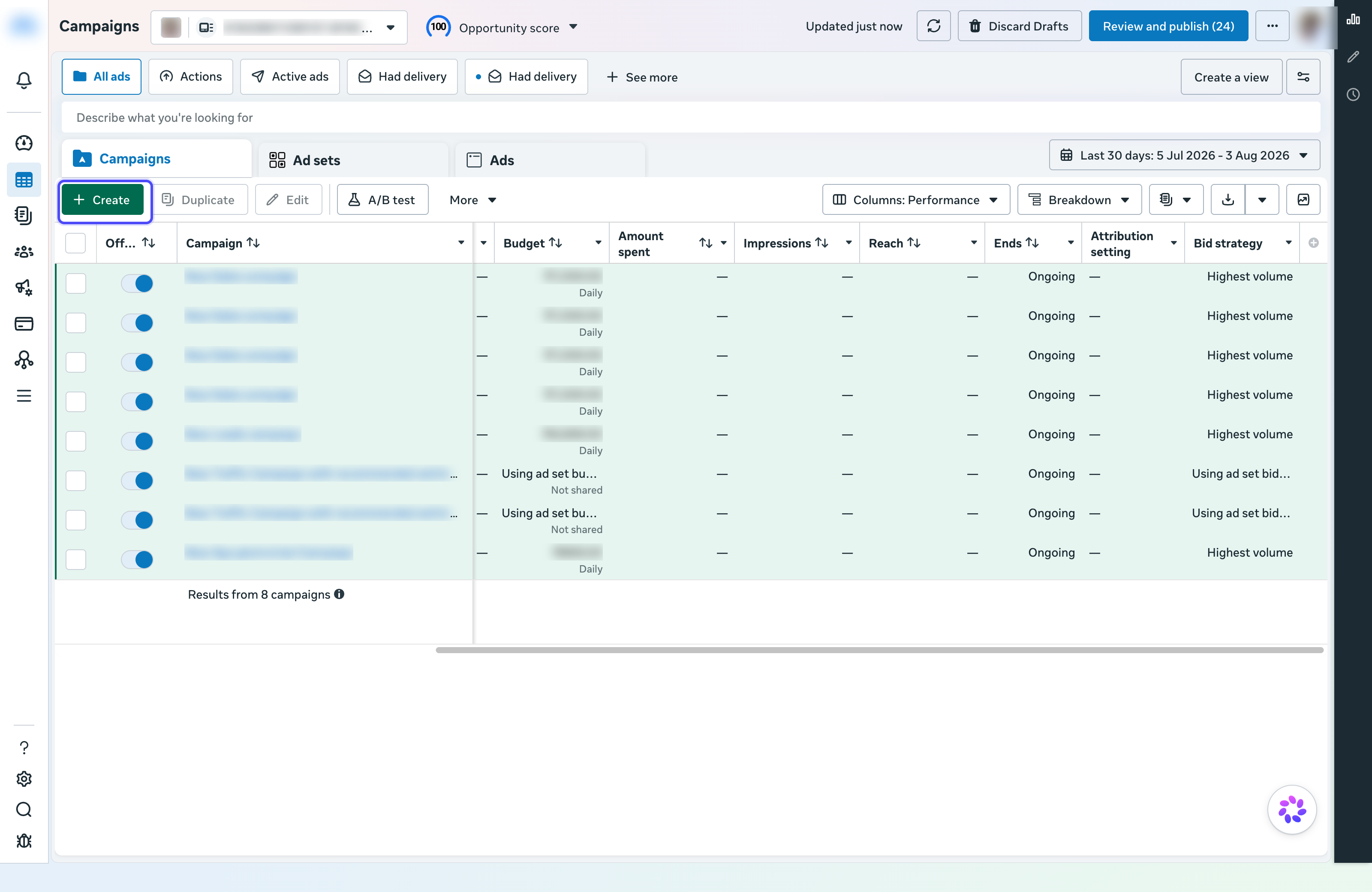 Meta Ads Manager Campaigns tab with the Create button highlighted