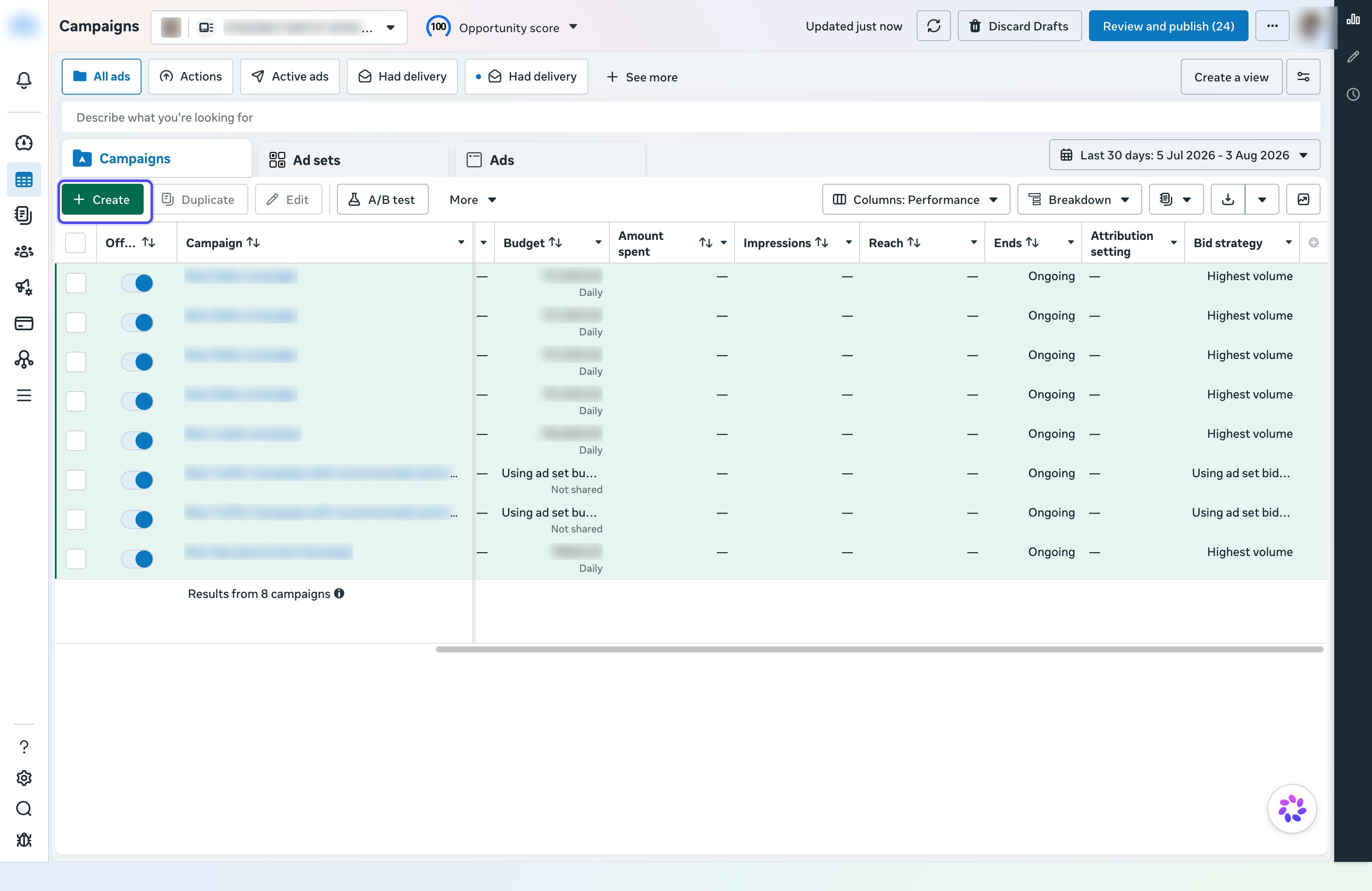 Meta Ads Manager Campaigns tab with the Create button highlighted