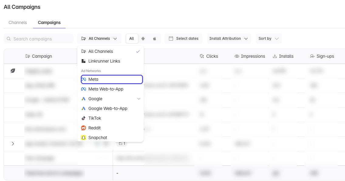 Linkrunner Campaigns section with the channel filter open and Meta selected