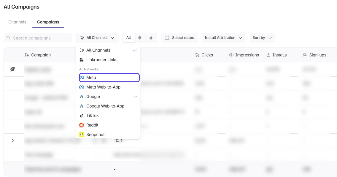 Linkrunner Campaigns section with the channel filter open and Meta selected
