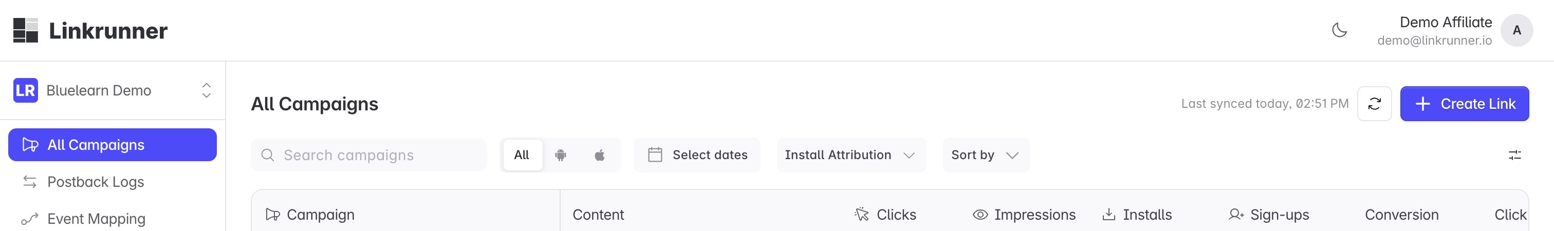 Create Link on the affiliate campaign page
