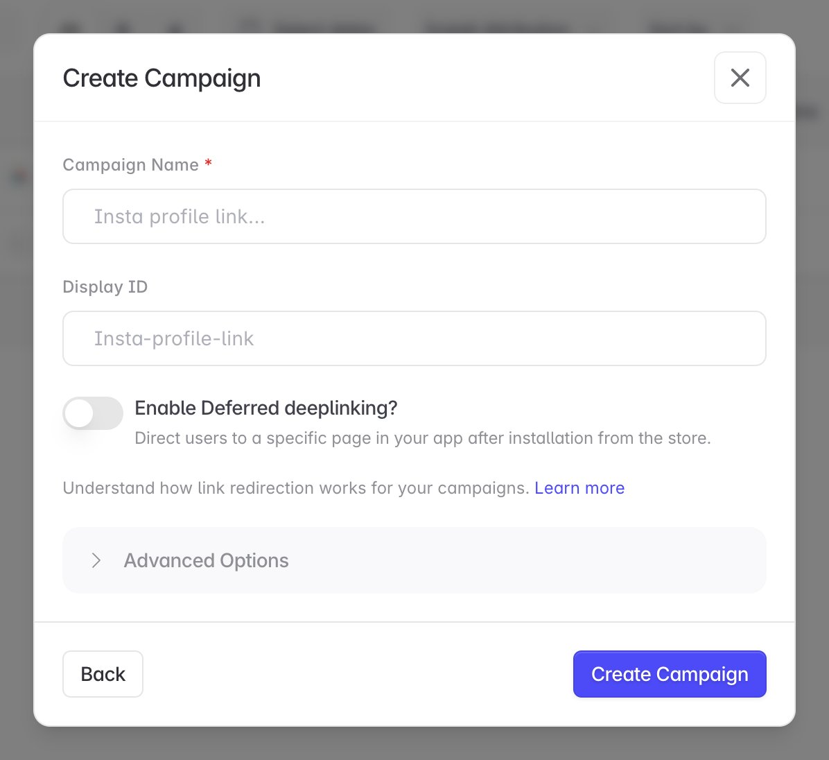 Affiliate campaign creation form