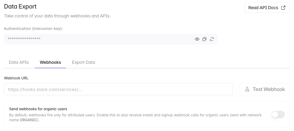 Data Export settings with the Webhooks tab and organic user toggle