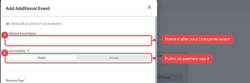 Everflow's Add Additional Event dialog, with the event name and visibility fields