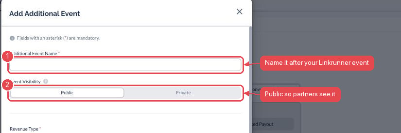 Everflow's Add Additional Event dialog, with the event name and visibility fields