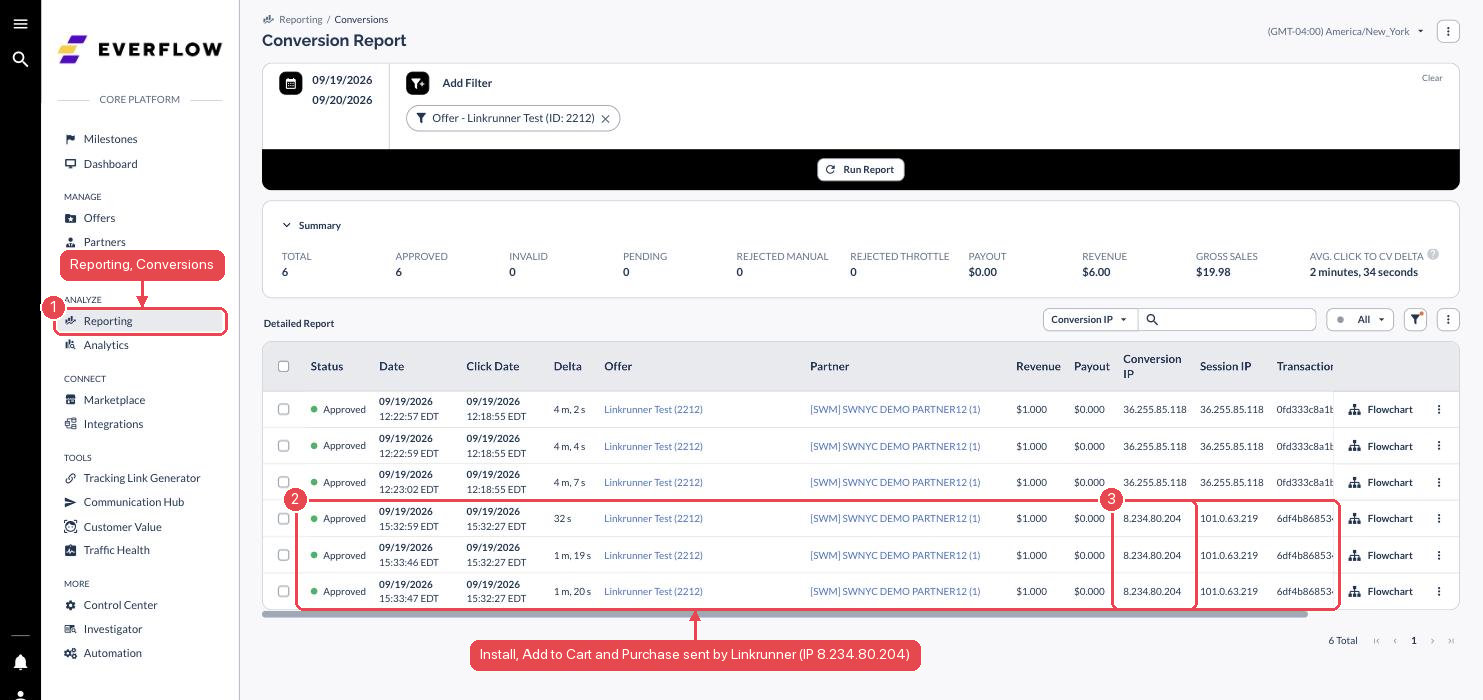 Everflow Conversion Report with install and event conversions sent by Linkrunner