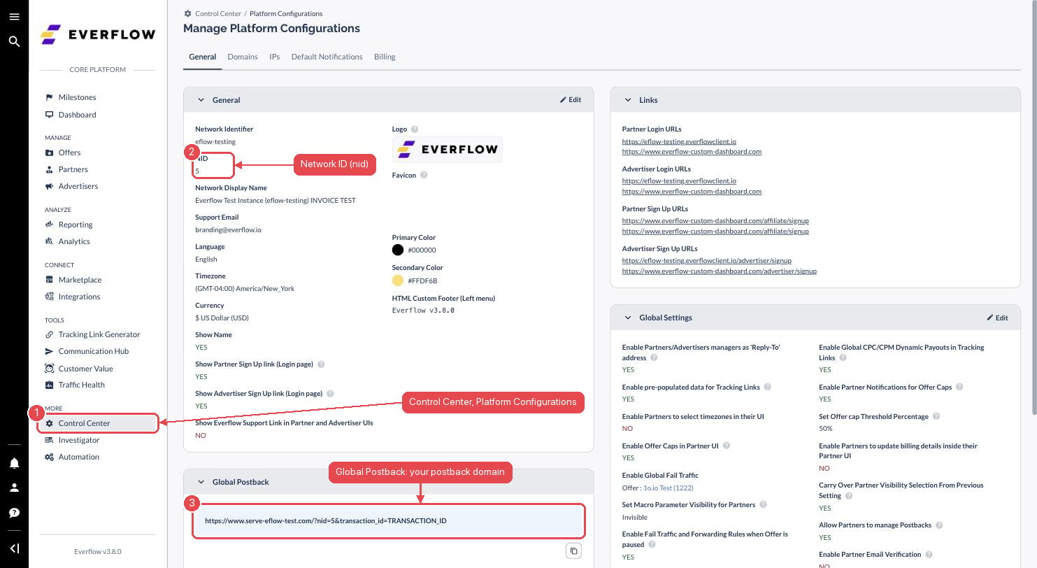 Everflow Platform Configurations showing the Network ID and the Global Postback URL