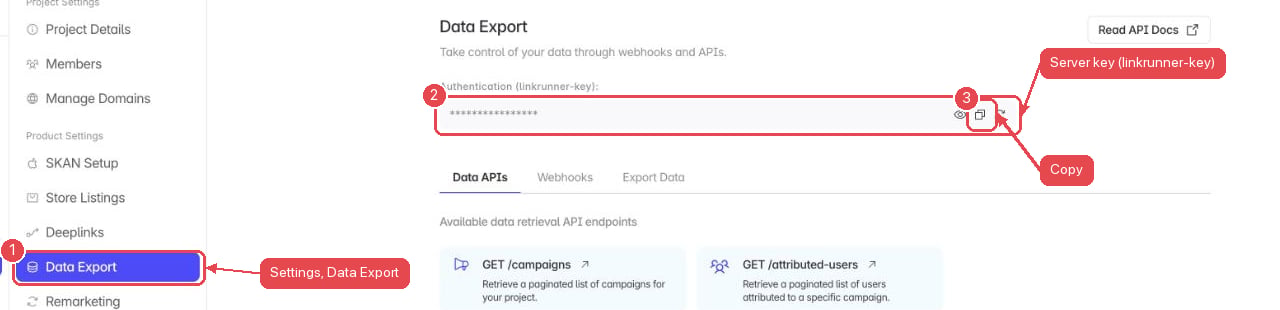 Linkrunner Settings, Data Export page with the masked linkrunner-key and its copy button