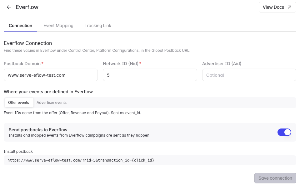 Everflow Connection tab in Linkrunner: postback domain, network ID, advertiser ID, where events are defined, the send postbacks switch and the resulting install postback URL