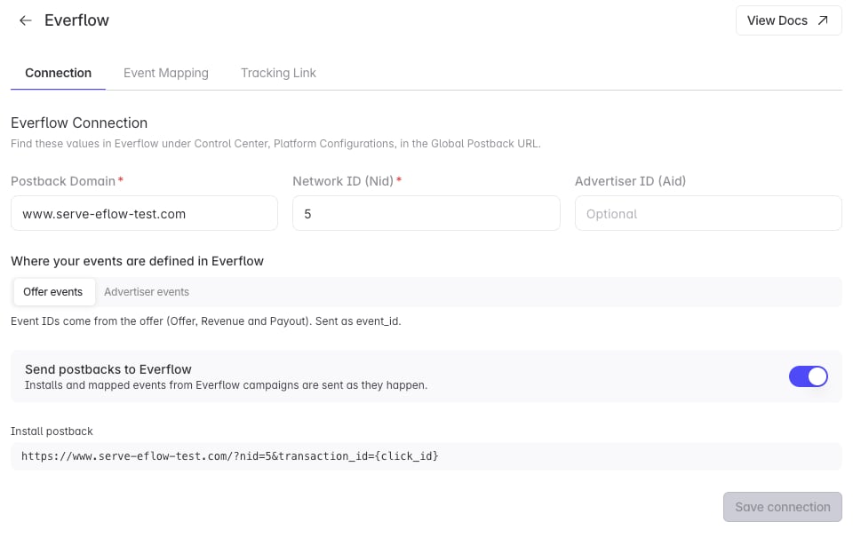 Everflow Connection tab in Linkrunner: postback domain, network ID, advertiser ID, where events are defined, the send postbacks switch and the resulting install postback URL