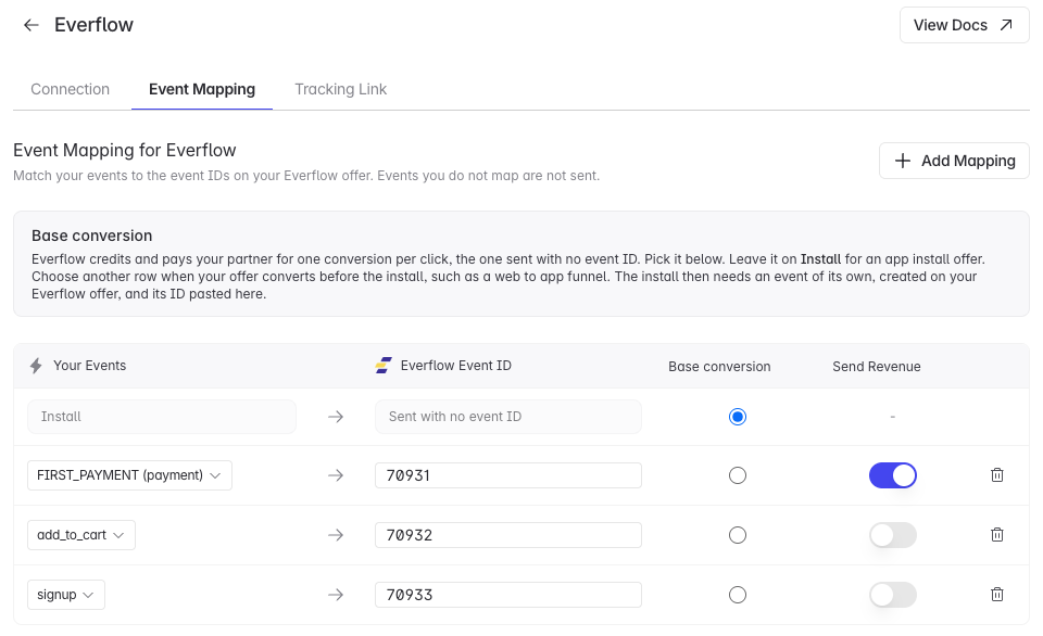 Everflow Event Mapping tab in Linkrunner: the read-only Install row, mapped events with their Everflow event IDs, the base conversion radio column and the Send Revenue switch