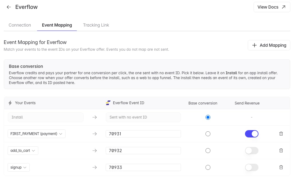 Everflow Event Mapping tab in Linkrunner: the read-only Install row, mapped events with their Everflow event IDs, the base conversion radio column and the Send Revenue switch
