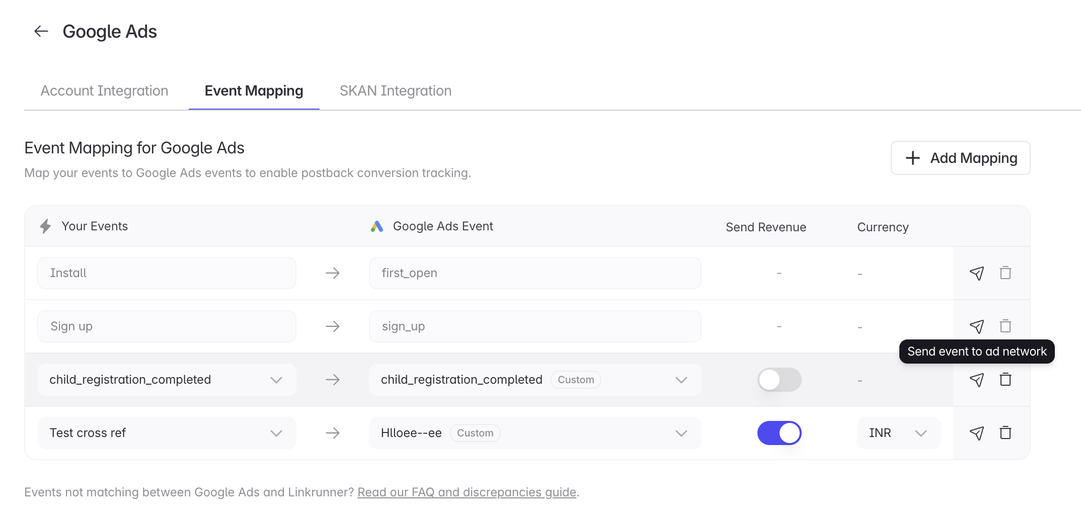 Google Ads event mapping table in Linkrunner