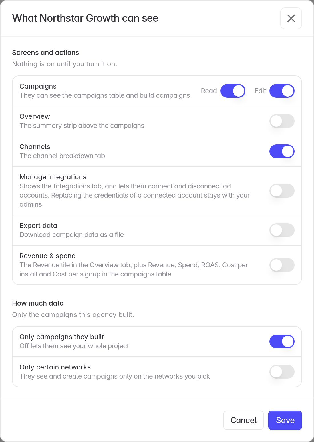 The agency access window with Campaigns Read and Edit turned on