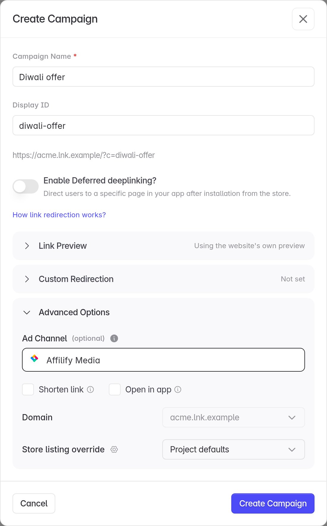 Ad Channel set to a connected partner under Advanced Options