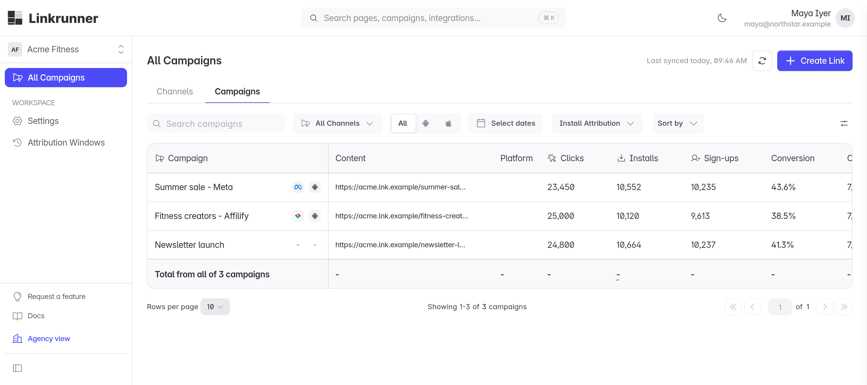 Create Link on the agency's All Campaigns page